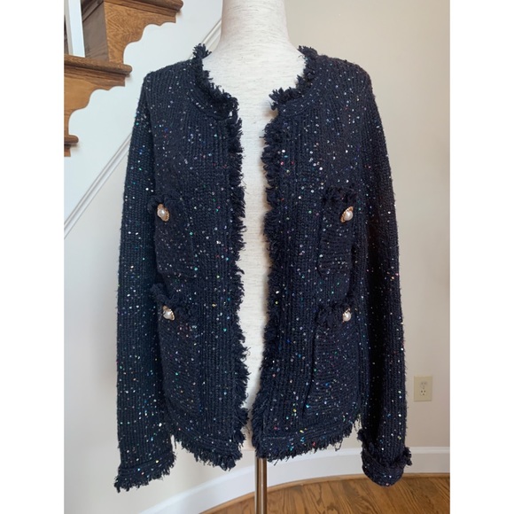 Zara shimmery knit frayed jacket in navy, S - Picture 7 of 13